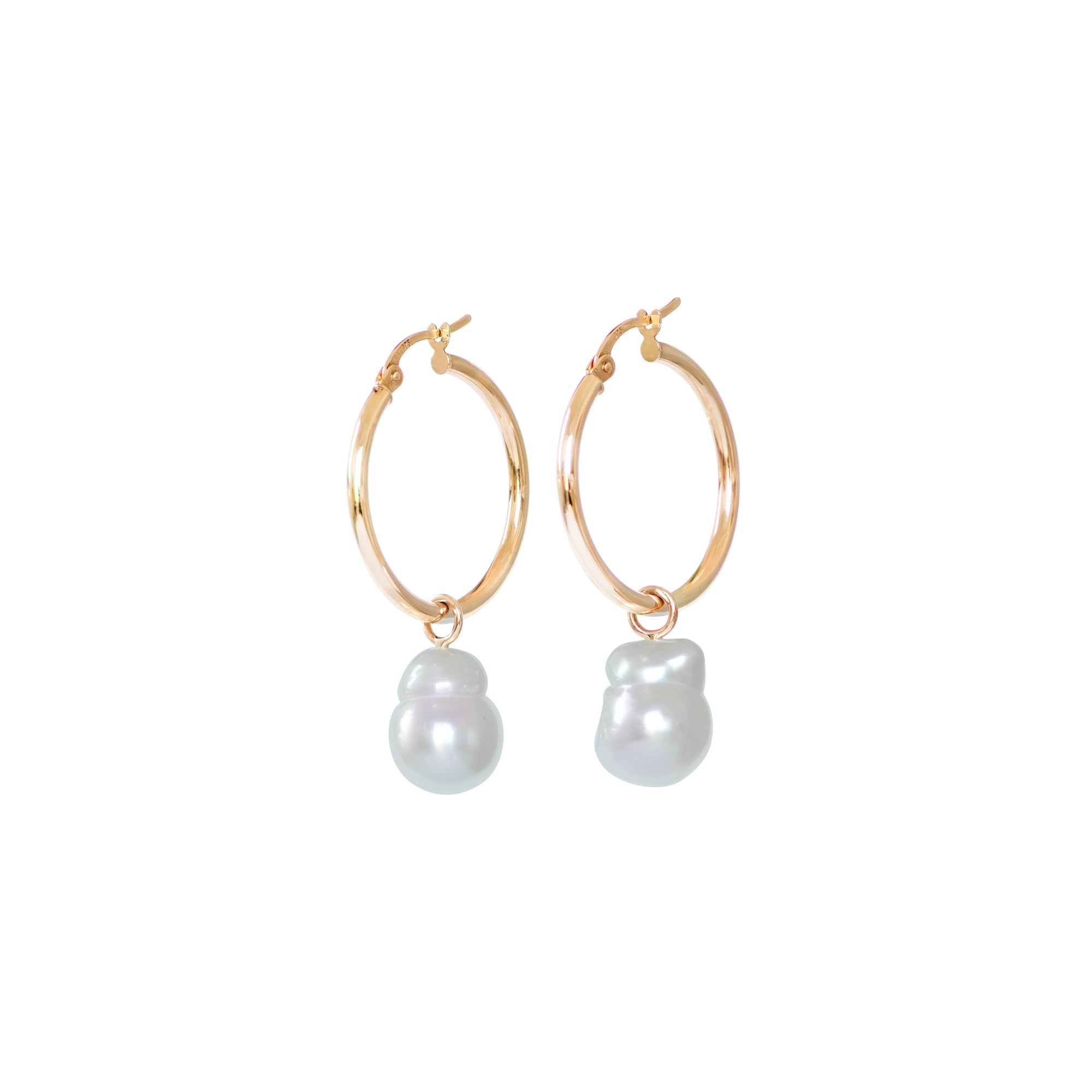 Hand selected unique baroque white South Sea pearls, in a hand crafted yellow gold detachable setting, on small yellow gold high polish hoop earrings, displayed on a white background.