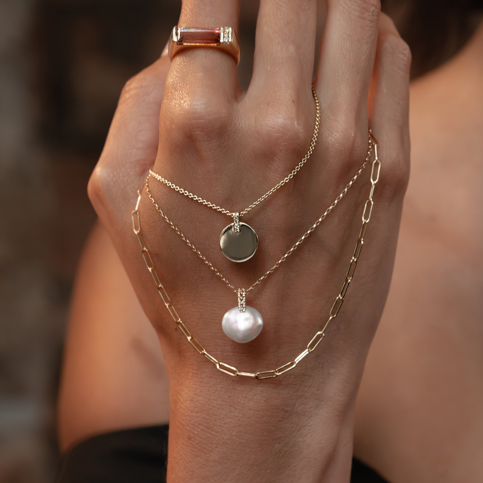 Lune Necklace | White Keshi Pearl and Golden Diamond Necklace