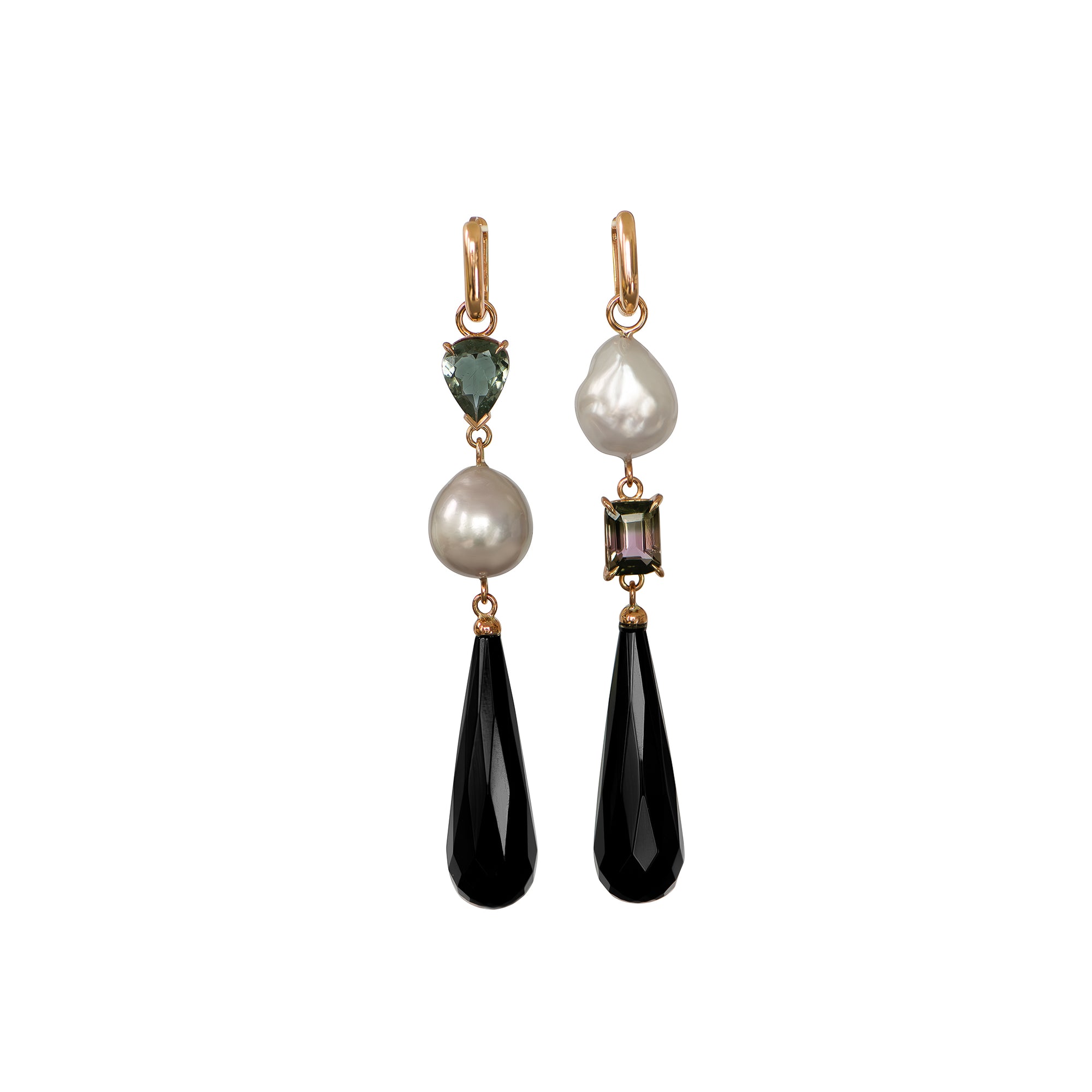 Rose gold huggie drop earrings with green and pink tourmalines, baroque white South Sea pearls, and onyx briolette drops, displayed on white background.