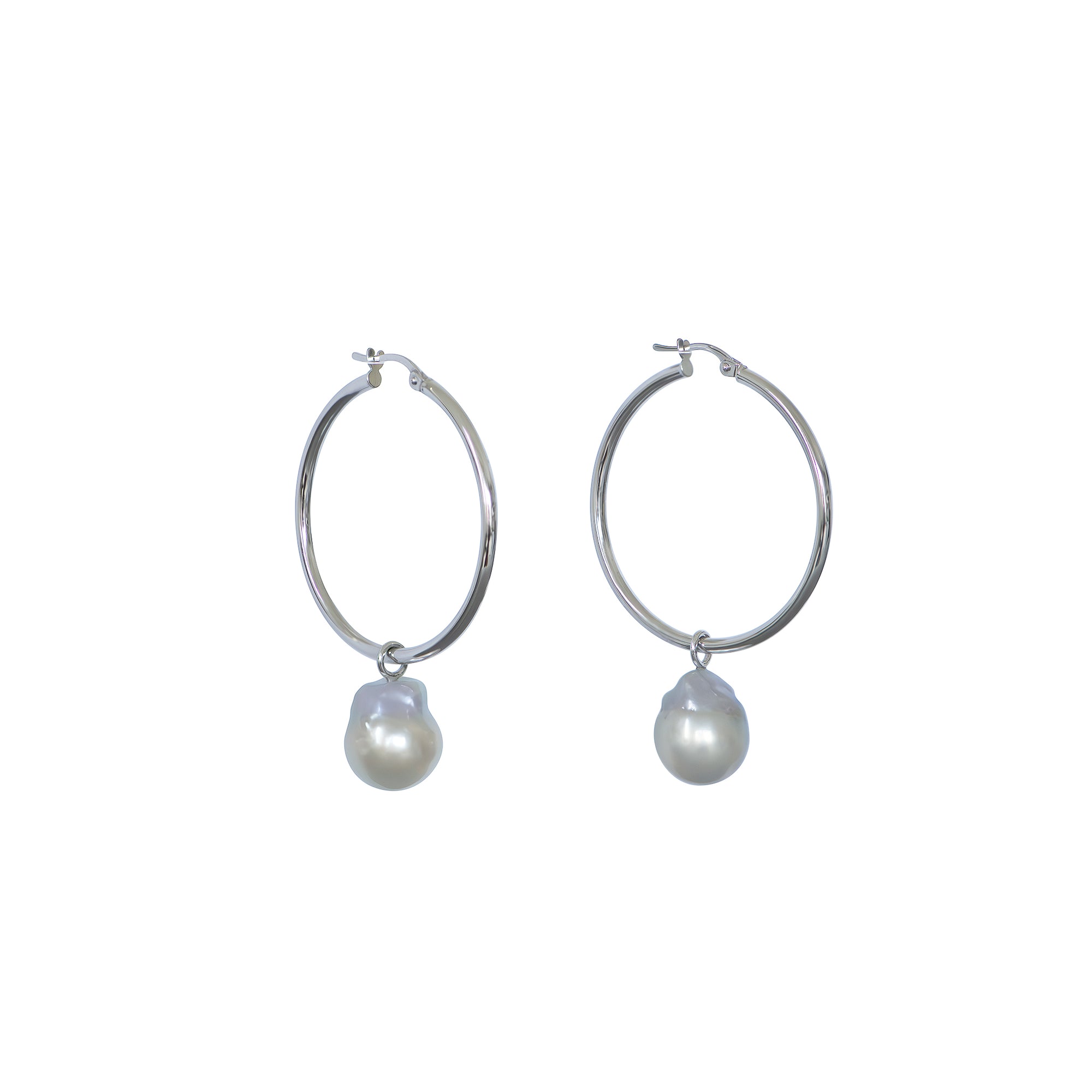 Medium white gold hoop earrings with detachable baroque white South Sea pearls, displayed on a white background.