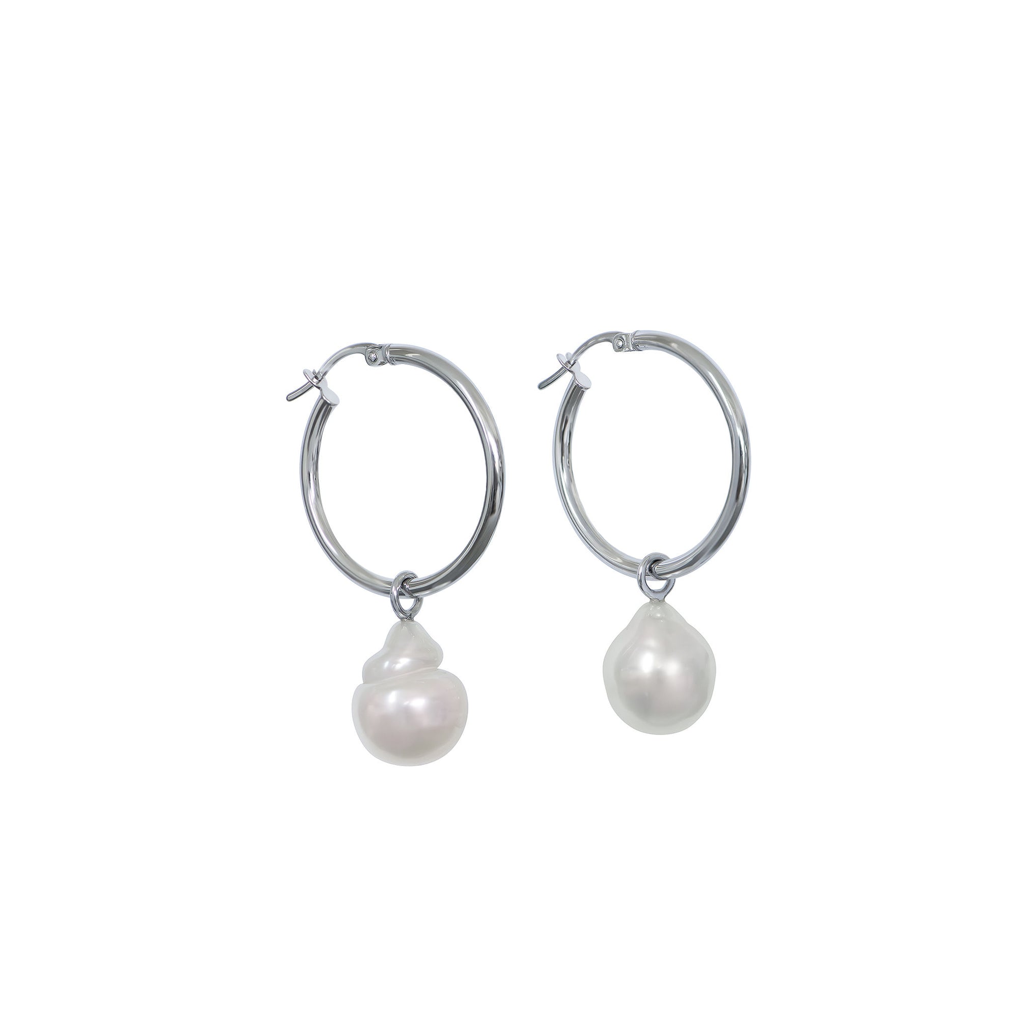 Small white gold hoop earrings with detachable baroque white South Sea pearls, displayed on a white background.