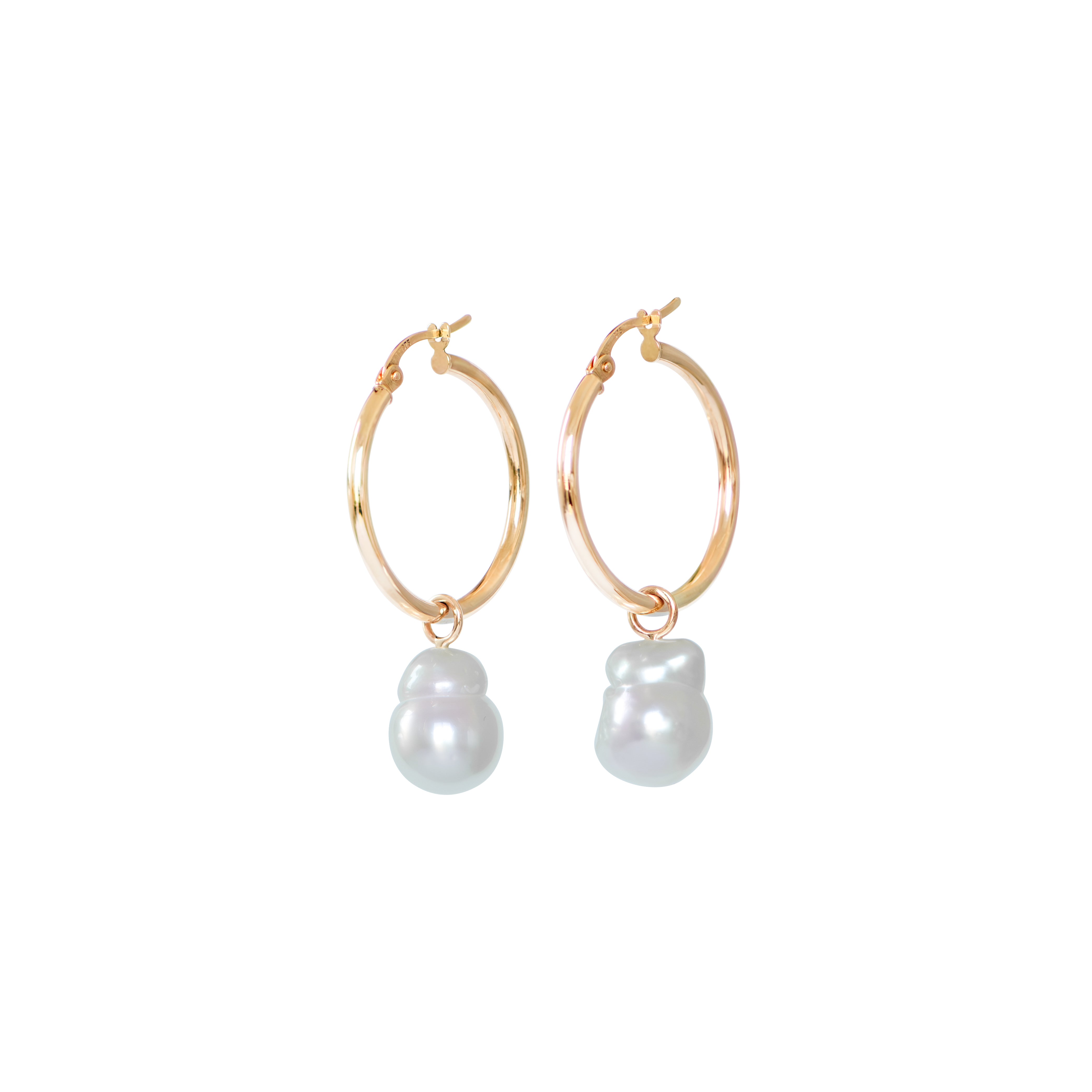 Hand selected unique baroque white South Sea pearls, in a hand crafted yellow gold detachable setting, on small yellow gold high polish hoop earrings, displayed on a white background.