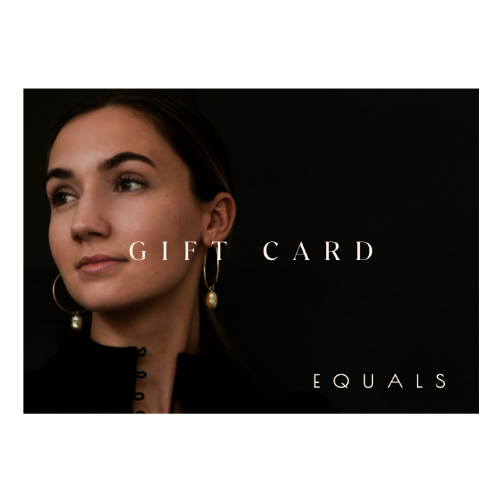 Equals Jewellery digital gift card featuring an image of a woman wearing hand selected unique baroque golden South Sea pearls, in a hand crafted yellow gold detachable setting, on large yellow gold high polish hoop earrings.