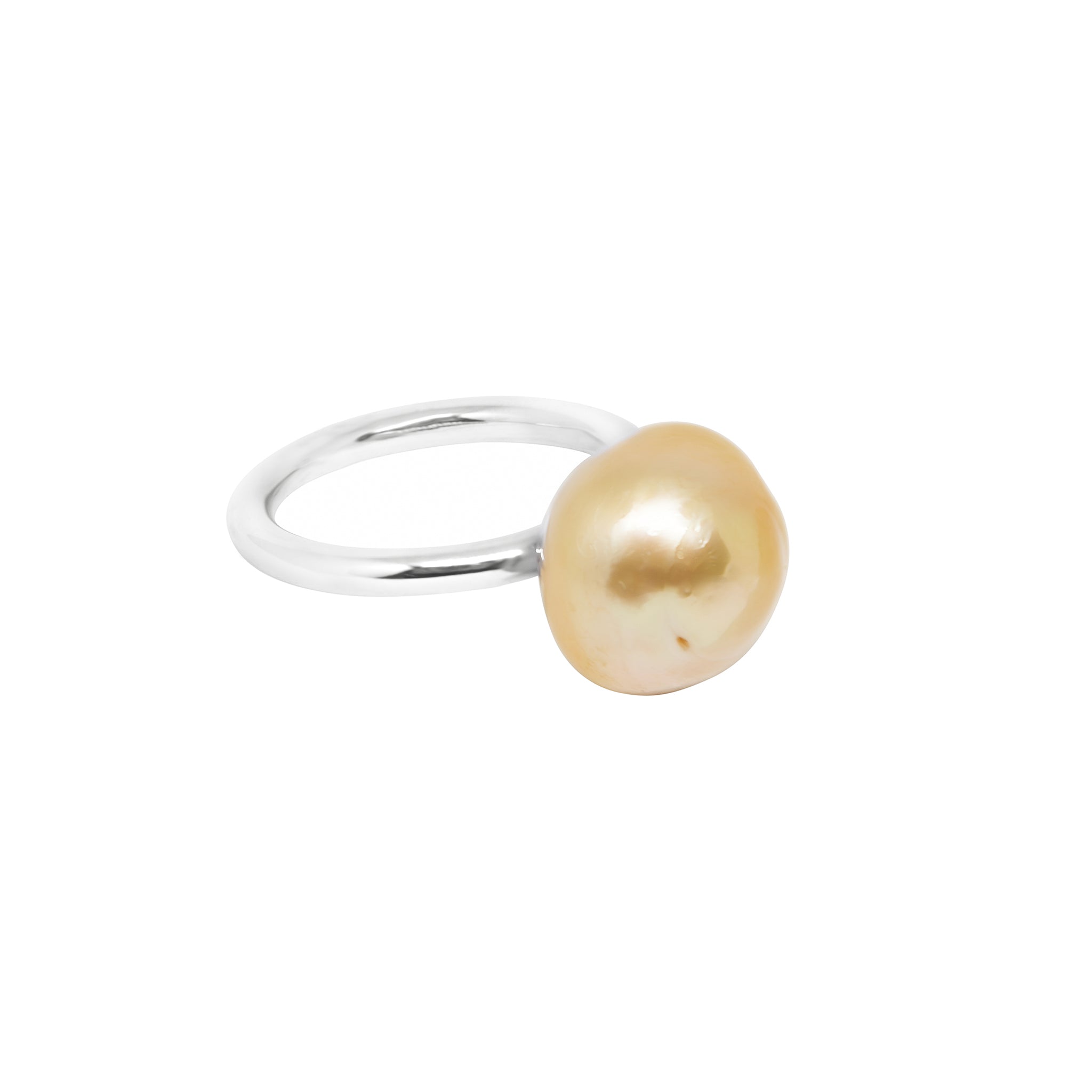 Hand selected unique golden South Sea pearl, set on a white gold ring with high polish finish, displayed on a white background.