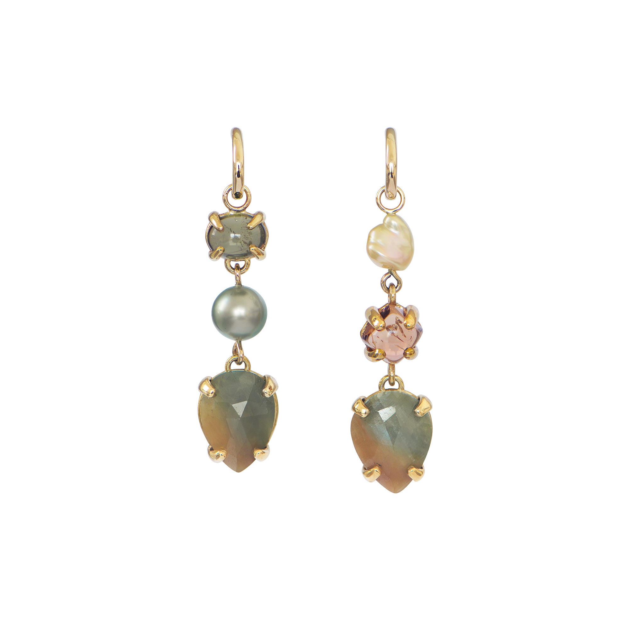 One-of-a-kind rose-cut peach and khaki sapphires, a pistachio-hued Tahitian pearl, a soft cream Keshi pearl and gold and olive-toned tourmaline cabochons drops adorning yellow gold huggie earrings are displayed on a white background. 