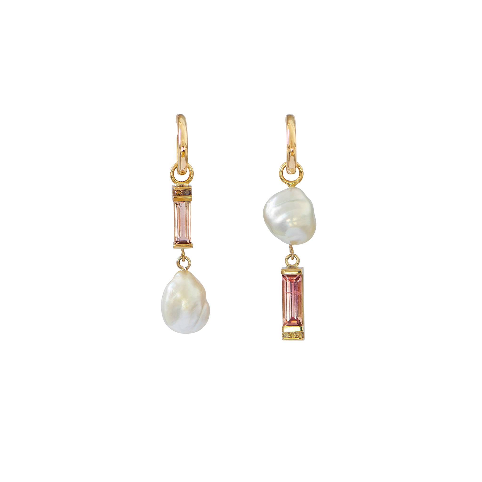 A one-of-a-kind soft pink tourmaline, Australian champagne diamond and South Sea Keshi pearl drop, yellow gold huggie earrings are displayed on a white background.