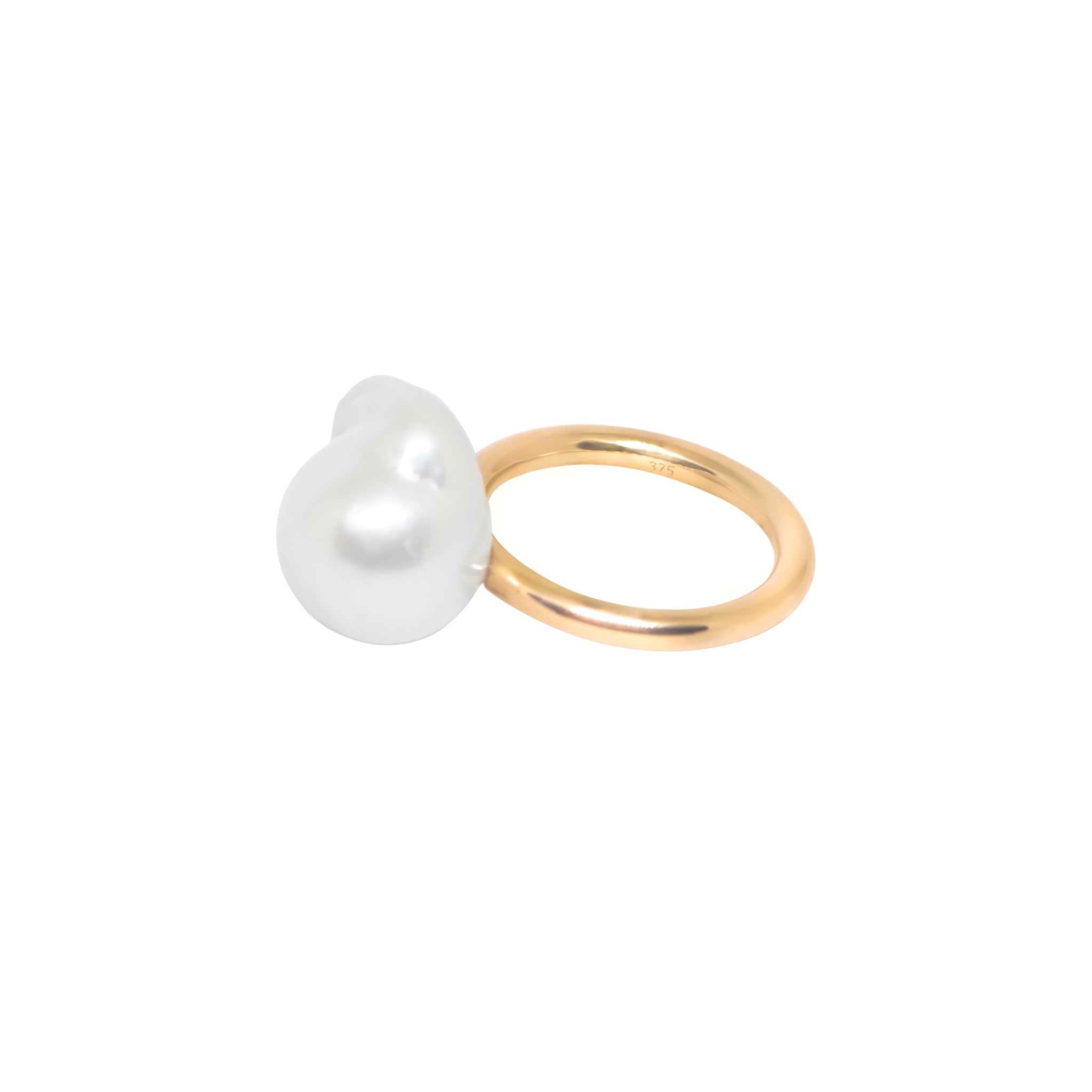 Hand selected unique baroque white South Sea pearl, set on a yellow gold ring with high polish finish, displayed on a white background.