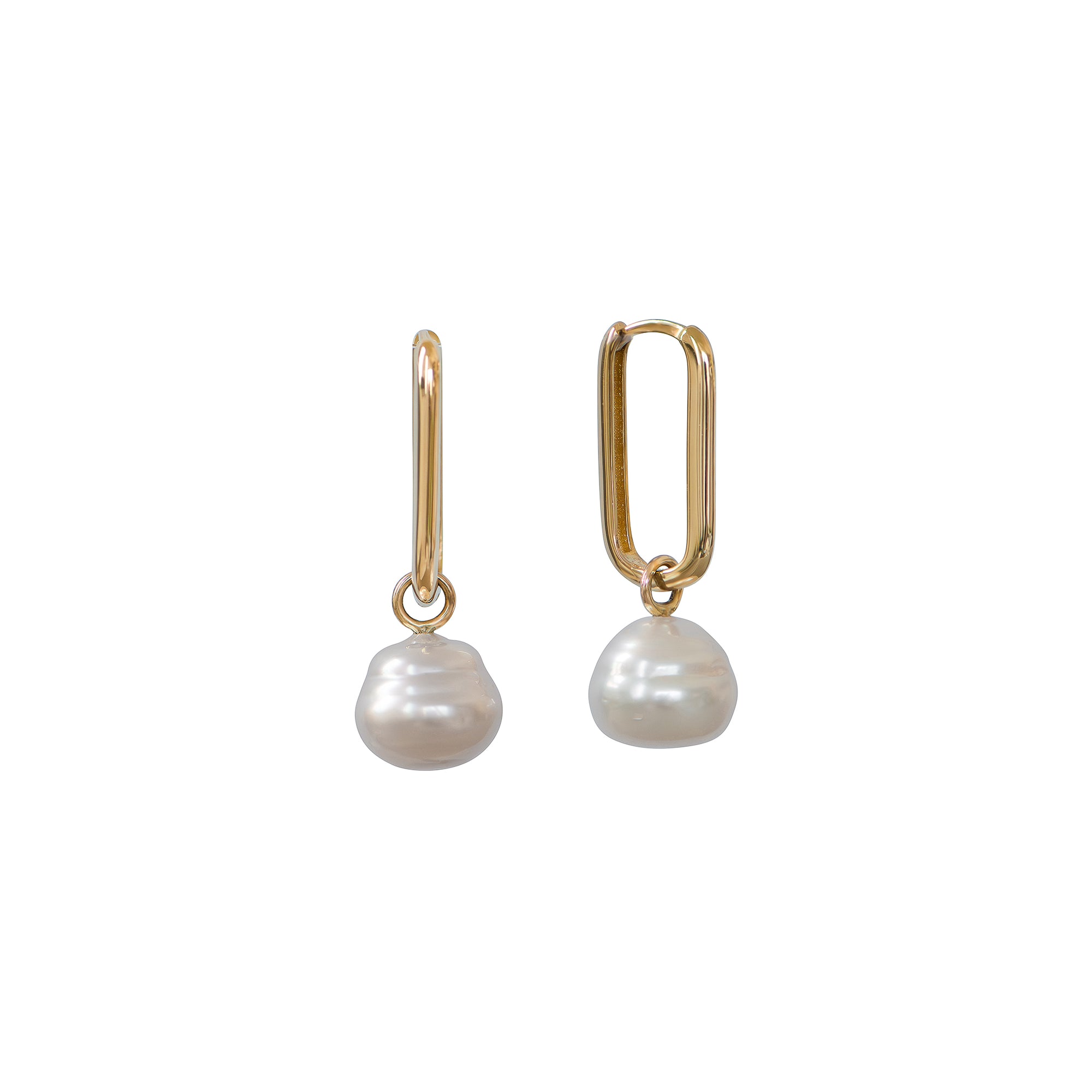 Yellow gold paperclip hoop earrings with detachable circle white South Sea pearls, displayed on a white background.